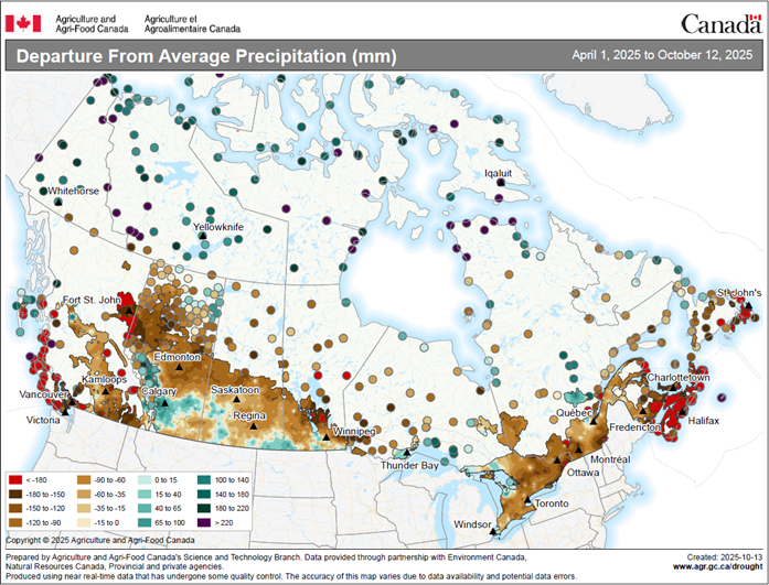 Thumbnail for map 1: Departure from average precipitation (in millimetres) from April 1 to October 12, 2025 (during the growing season), compared with annual average, by province