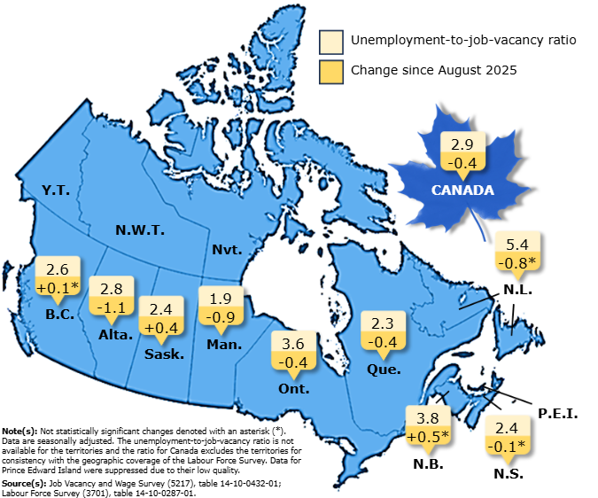 Thumbnail for map 1: Year over year, the unemployment-to-job vacancy ratio decreased in four provinces, led by Alberta