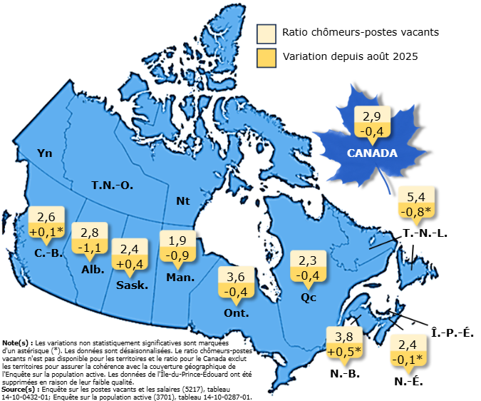 Vignette de la carte 1: Par rapport à un an plus tôt, le ratio chômeurs-postes vacants est en baisse dans quatre provinces, en particulier en Alberta