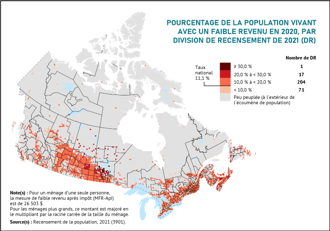 Vignette de la carte 4: L'Alberta est demeurée la province ayant le plus bas taux de faible revenu en 2020