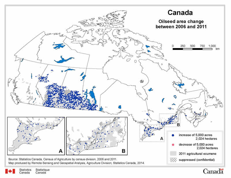 Oilseed area change between 2006 and 2011