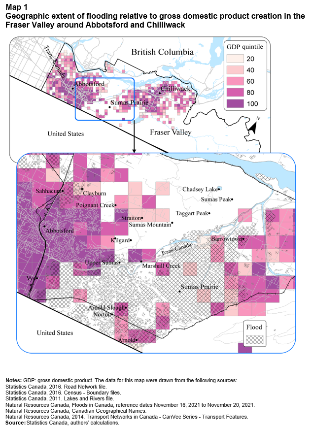 Map 1 Geographic extent of flooring relative to gross domestic product creation in the Fraser Valley around Abbotsford and Chilliwack