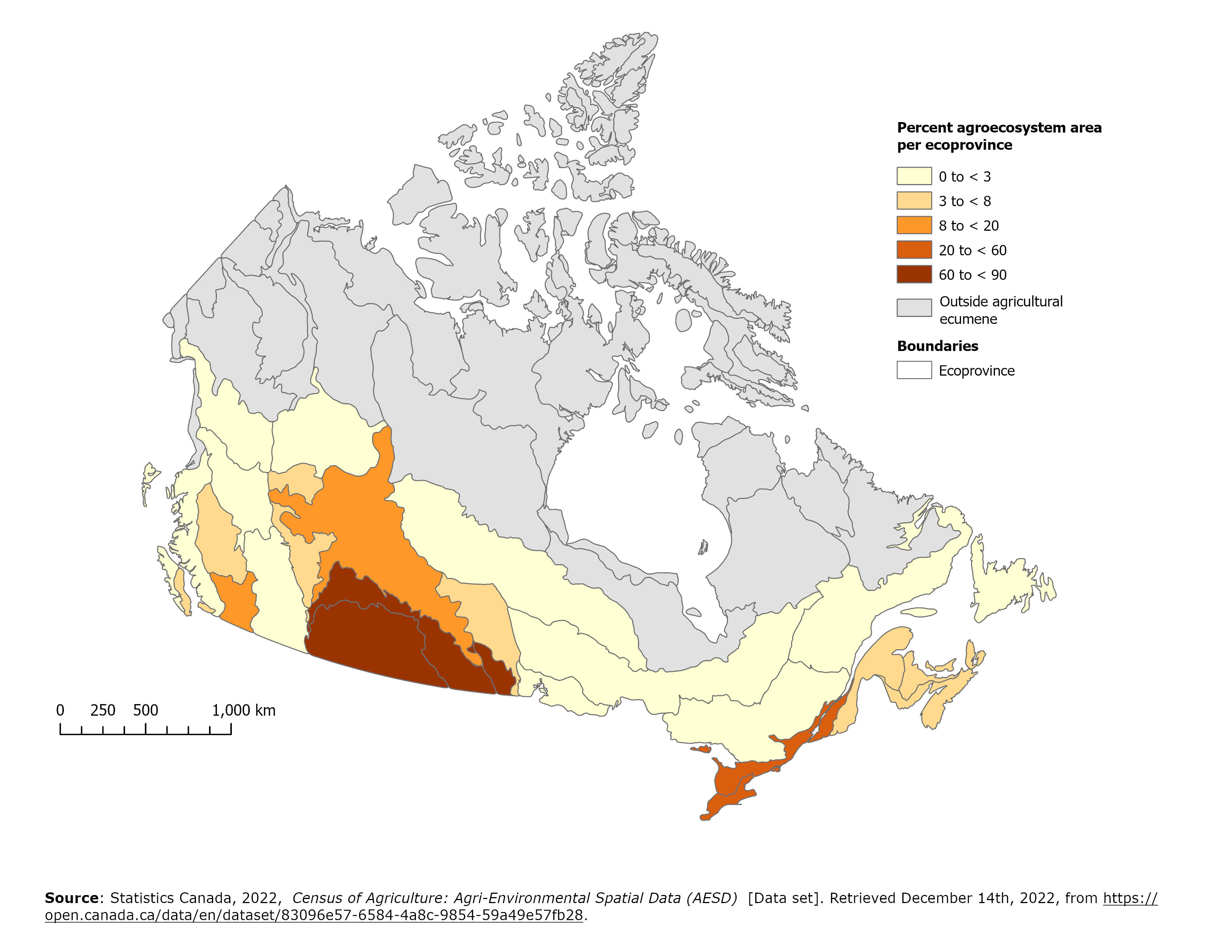 Map 1 Canadian agroecosystem extent, 2021, based on Census of Agriculture data