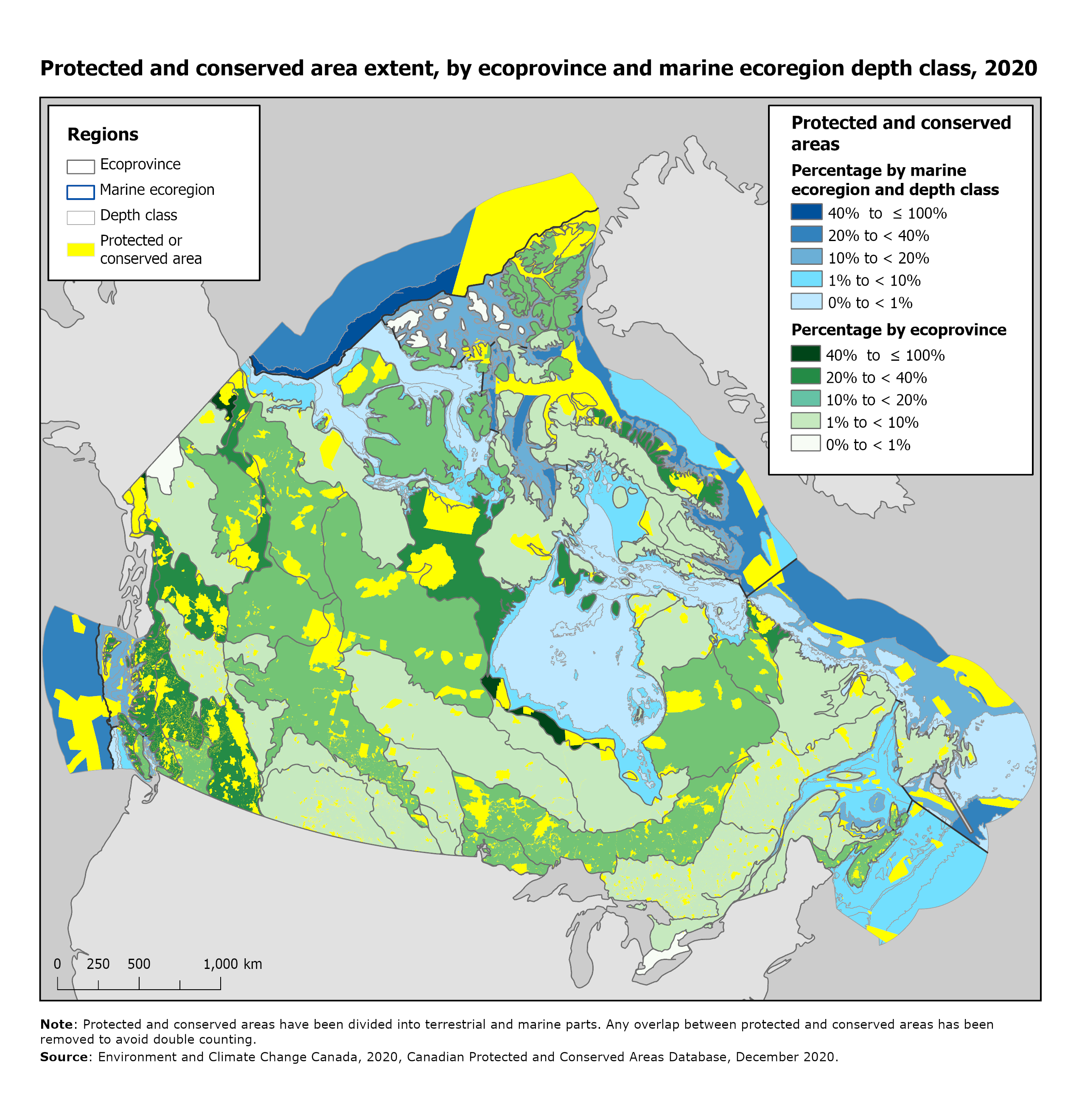 Map: Protected and conserved area extent, by ecoprovince and marine ecoregion depth class, 2020