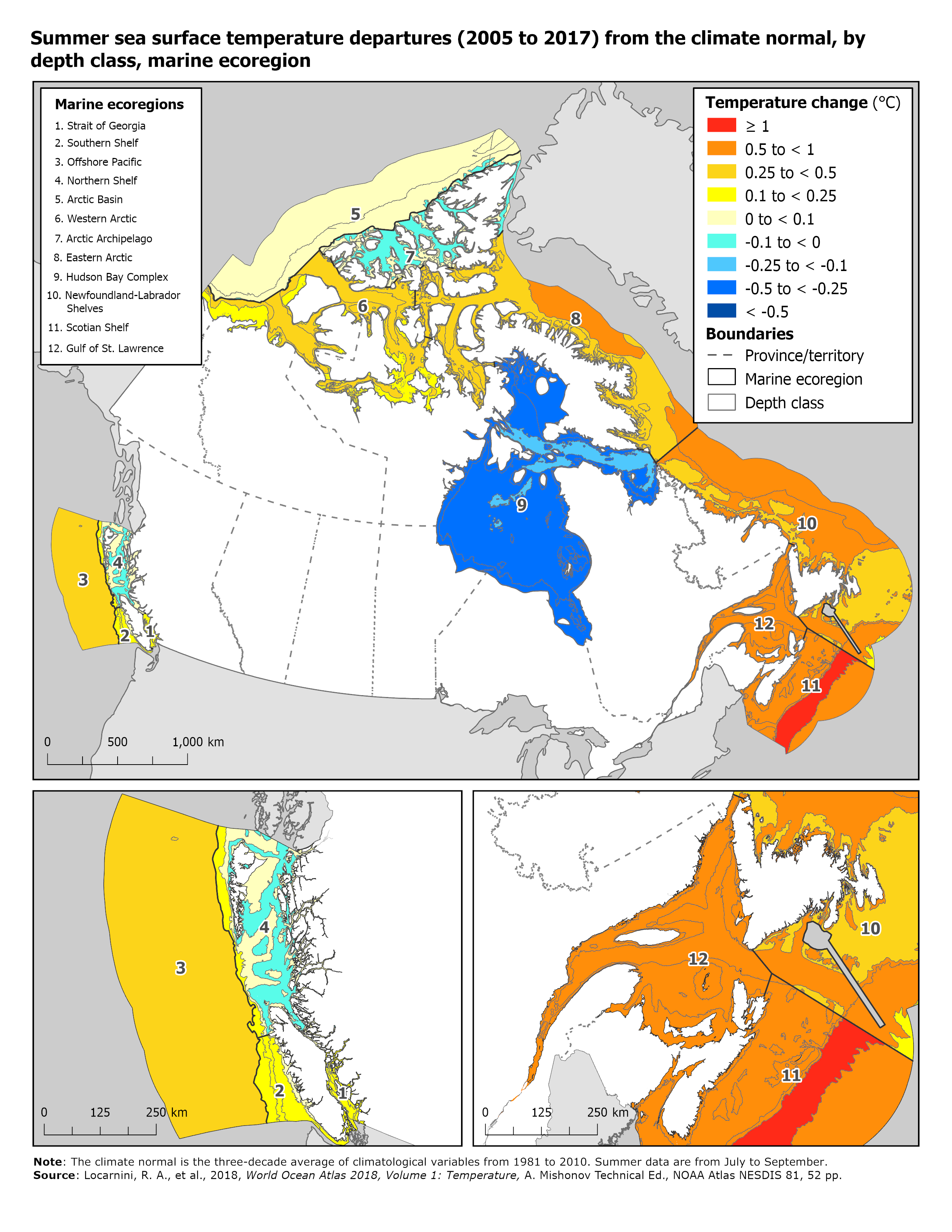 Map: Summer sea surface temperature departures (2005 to 2017) from the climate normal, by depth class, marine ecoregion