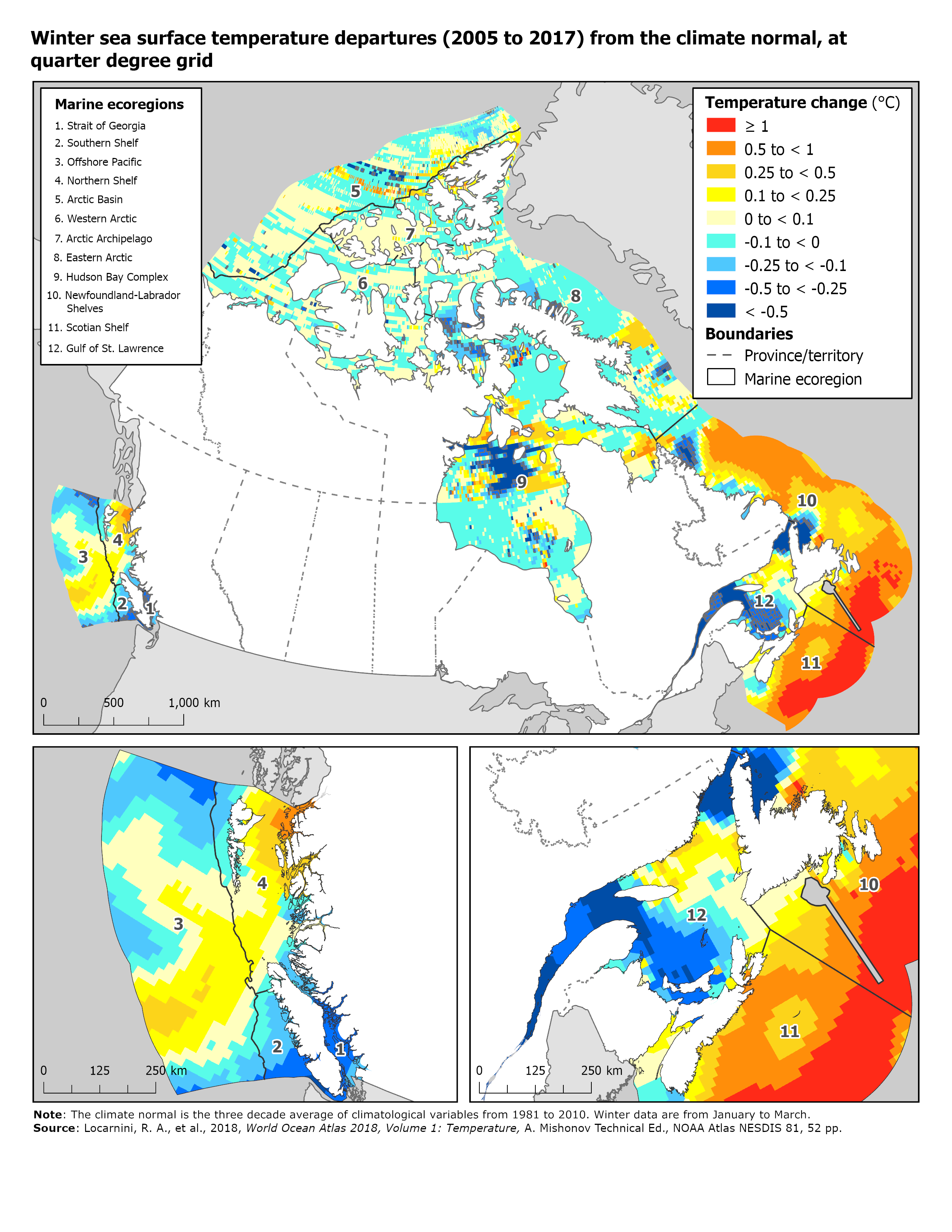 Map: Winter sea surface temperature departures (2005 to 2017) from the climate normal at quarter degree grid