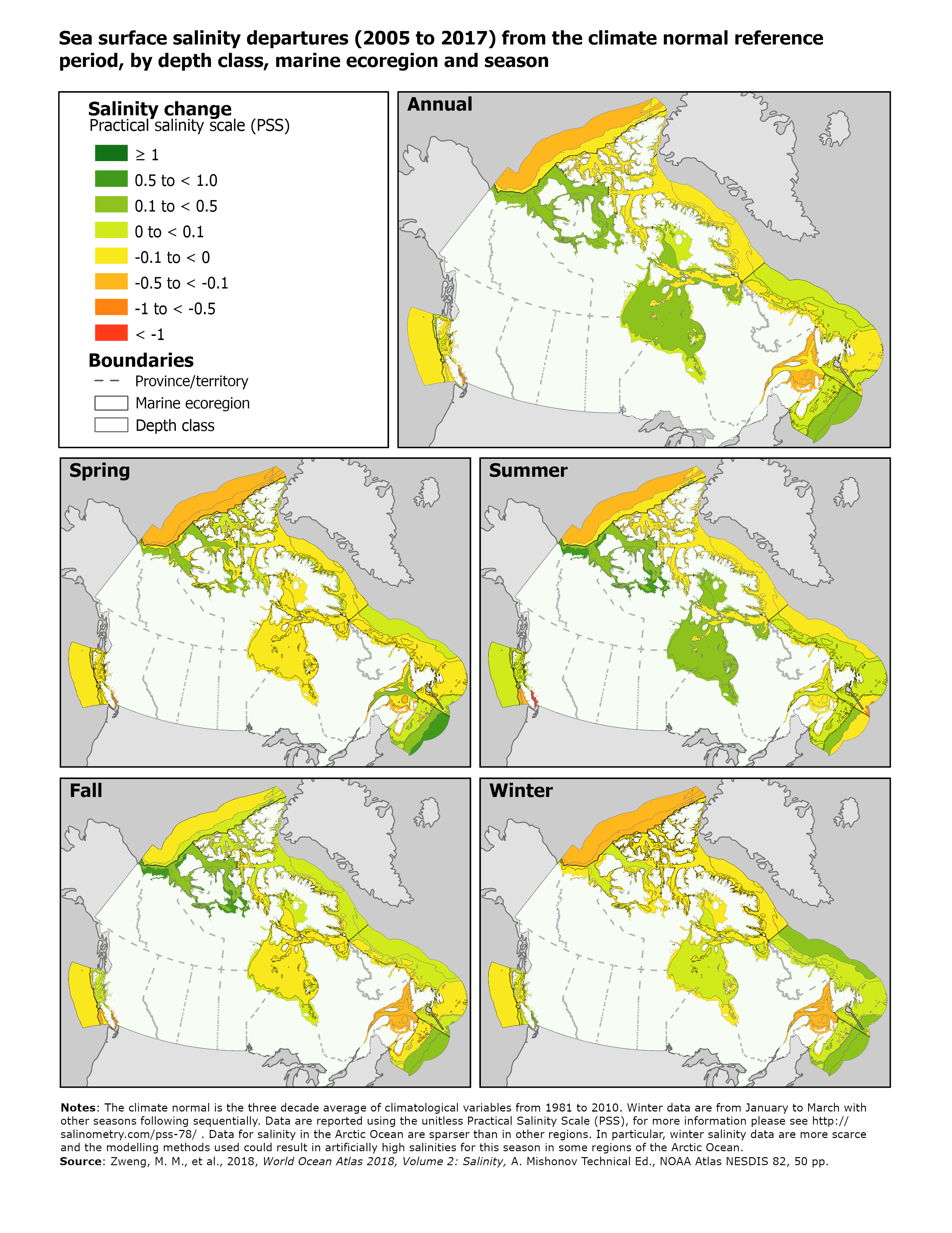 Map: Sea surface salinity departures (2005 to 2017) from the climate normal reference period, by depth class, marine ecoregion and season