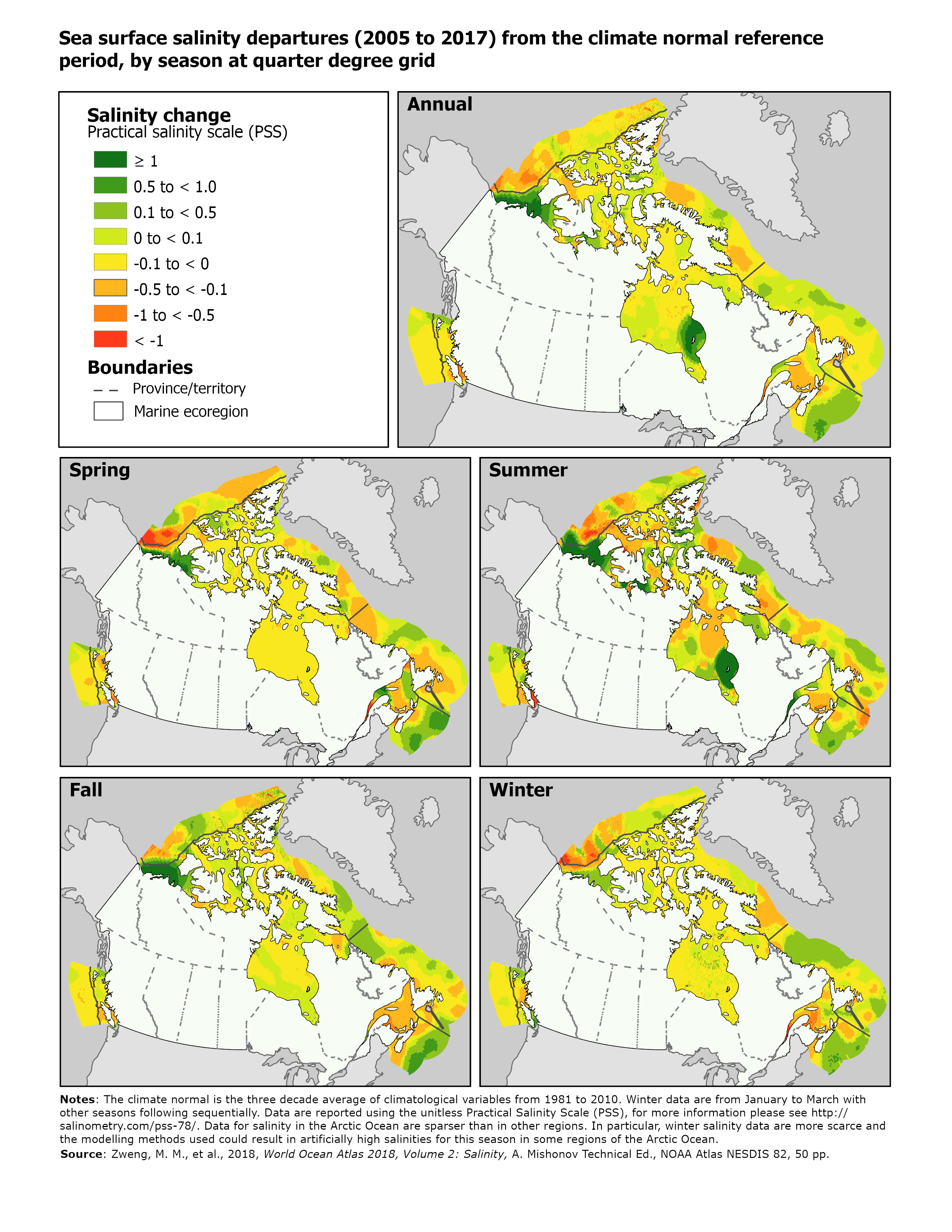 Map: Sea surface salinity departures (2005 to 2017) from the climate normal reference period, by quarter degree and season